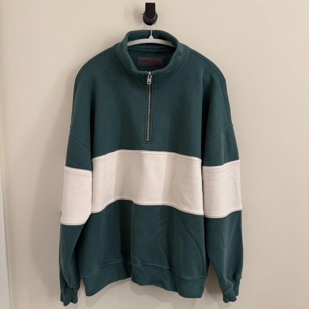 men's green and white ABERCROMBIE & FITCH quarter-zip sweatshirt pullover [L]